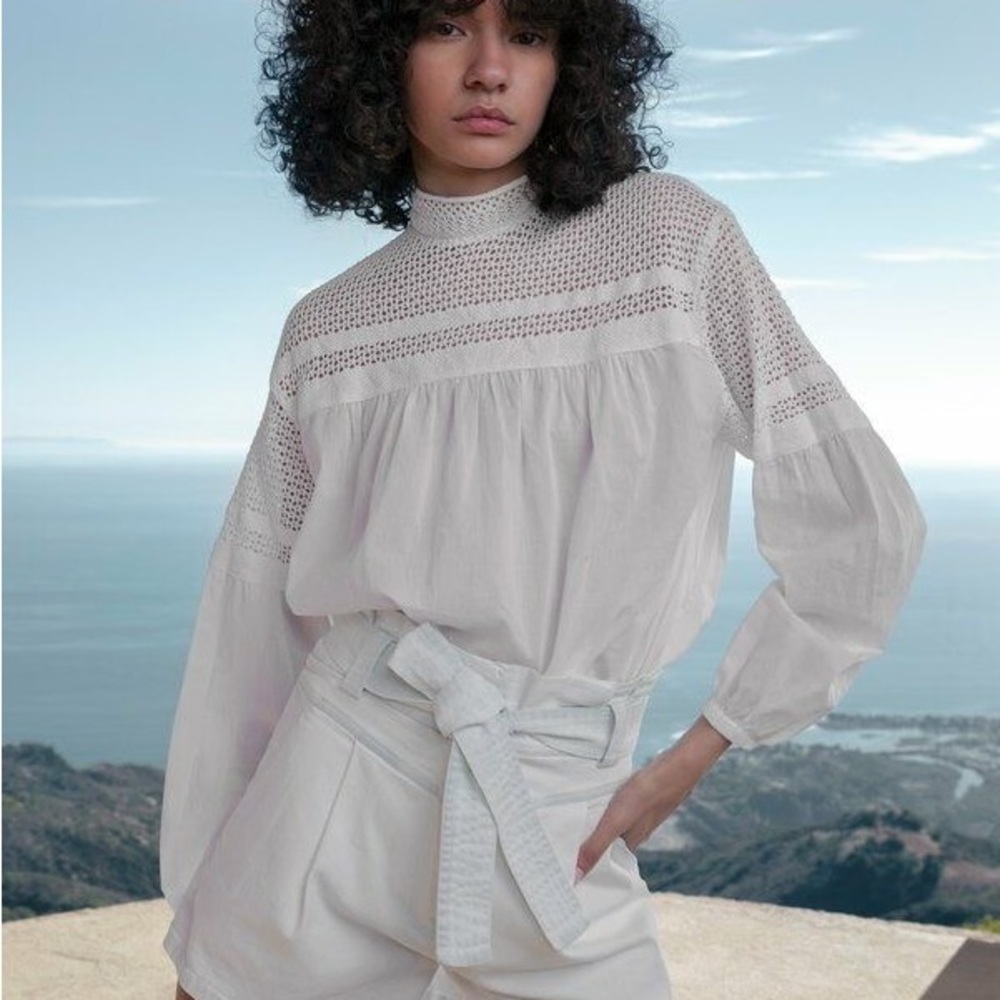 A.L.C. Solid Crochet Lace White Blouse Top Mock Neck Cotton Breezy